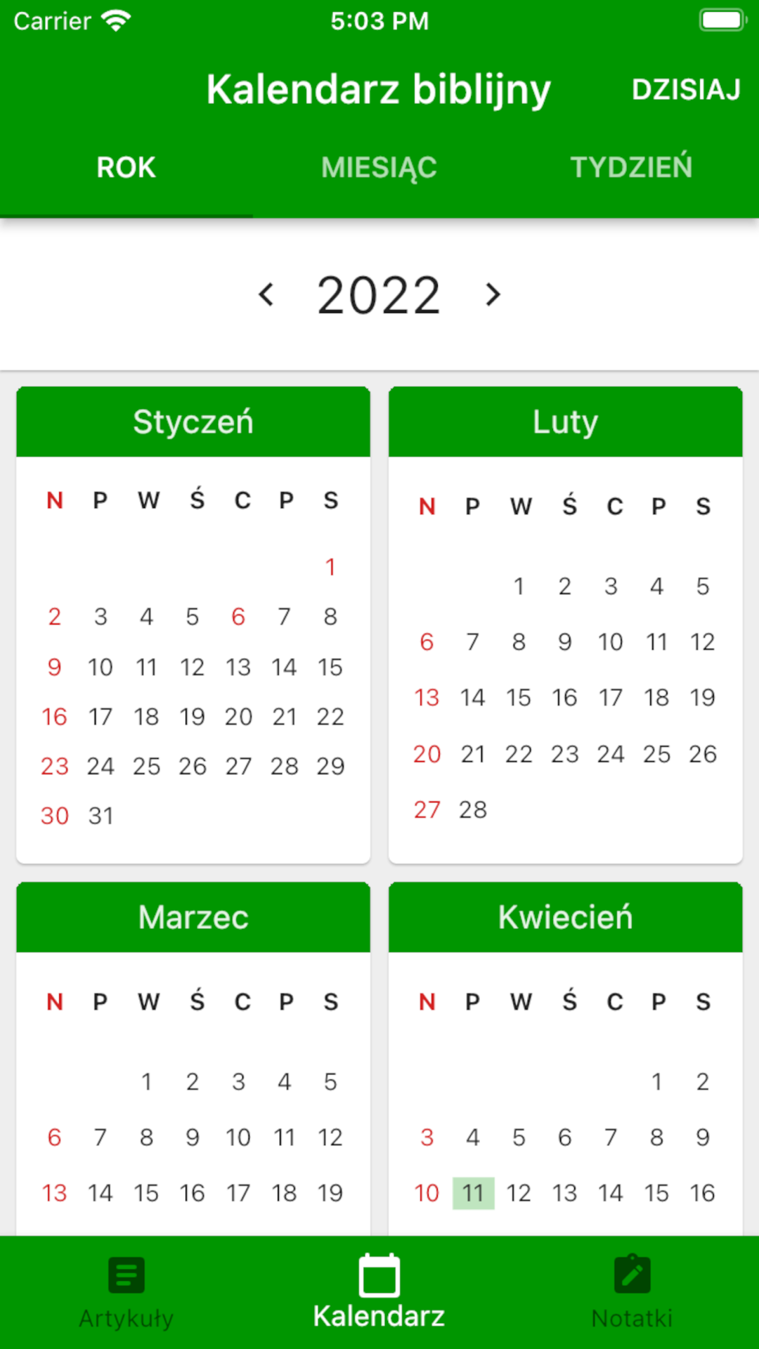 Ekran aplikacji Kalendarz Biblijny - 2