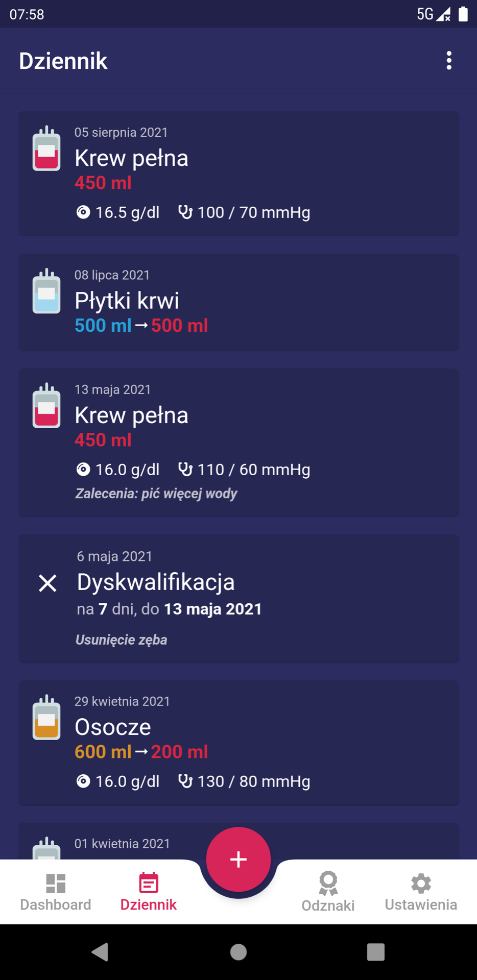 Ekran aplikacji Krwiodawca - 2